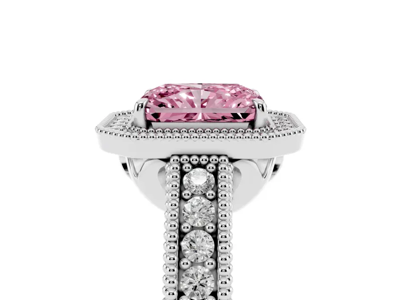 Fancy Pink Radiant Cut Diamond Halo Ring Set in White gold with Round Accent Halo, Pavé Band and Prong Setting