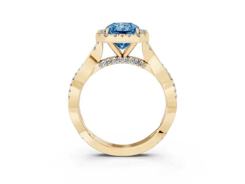 Radiant Cut Twist Halo Engagement Ring Setting for a Fancy Blue Lab-Grown Diamond | Yellow Gold