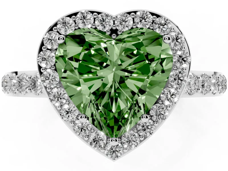 Fancy Green Heart Cut Diamond Halo Ring Set in Silver with Pavé-Setting Band and Open Prong Center