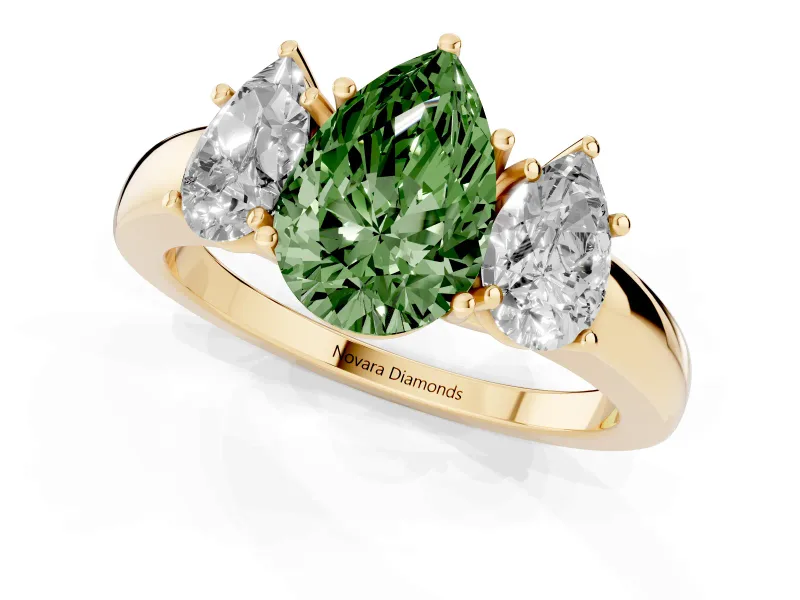 Pear-Shaped Three Stone Engagement Ring Setting for a Fancy Green Lab-Grown Diamond | Matching Side Stones | Yellow Gold