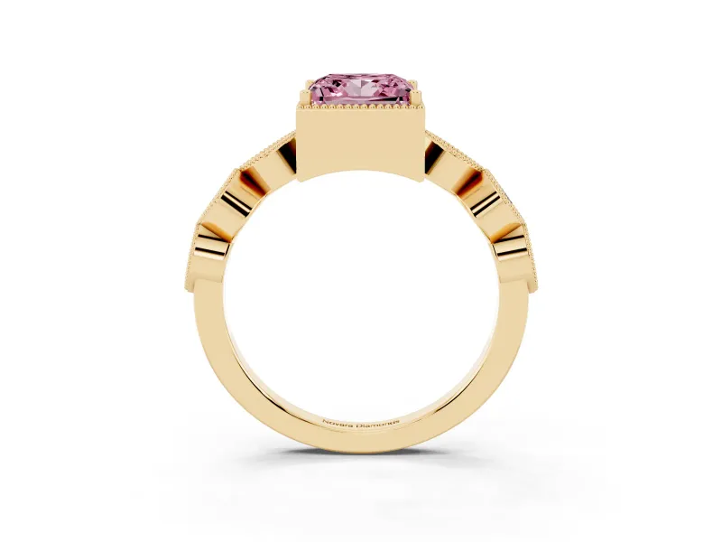 Fancy Pink Princess Cut Diamond Vintage-Inspired Milgrain Ring Set in Yellow gold with Marquise Stations of Round Accents