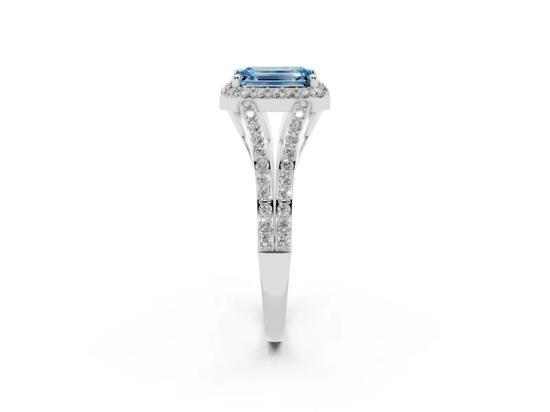 Emerald Cut Halo Engagement Ring Setting for a Fancy Blue Lab-Grown Diamond | V-Split Pavé Band | Sterling Silver