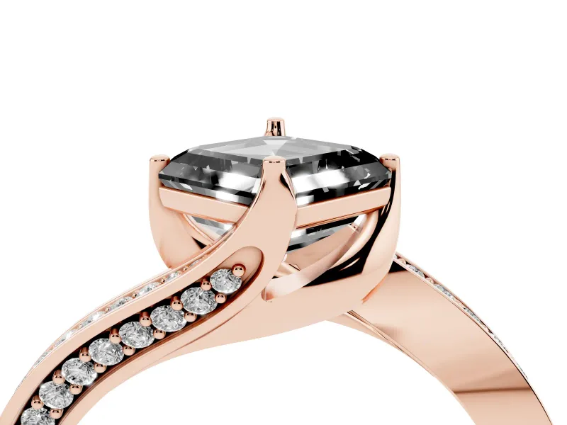 Fancy Black Asscher Cut Diamond Solitaire Ring Set in Rose gold with Intertwined Pavé Twist Band