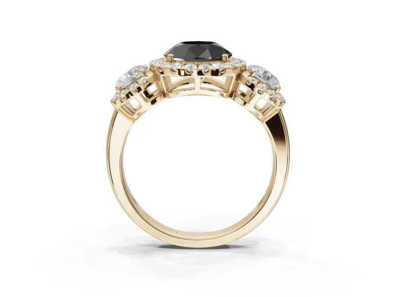 Round Three Stone Halo Engagement Ring Setting for a Black Center | Haloed Side Stones | Yellow Gold