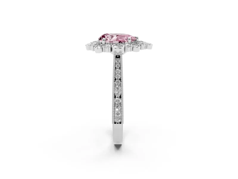 Fancy Pink Pear Cut Diamond Halo Milgrain Pavé Ring Set in Platinum with Prong Setting