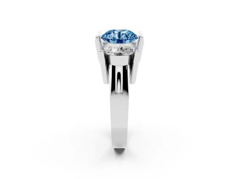 Round Channel-Set Three Stone Engagement Ring Setting for a Fancy Blue Lab-Grown Diamond | Wide Flat Band | White Gold