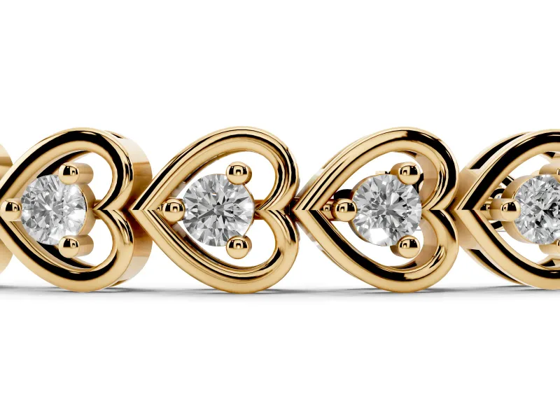 Round Lab-Grown Diamond Heart Link Tennis Bracelet | Double Outline | Yellow Gold