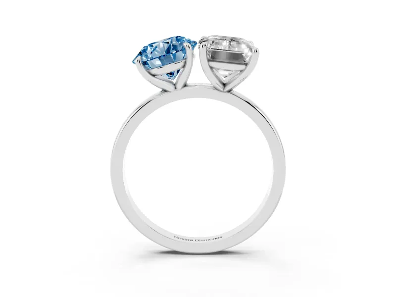 Fancy Blue Round Cut and Emerald Cut Toi Moi Ring Set in White gold with Prong Setting