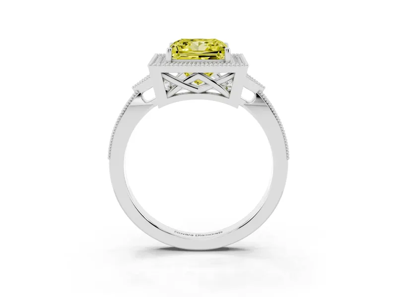 Fancy Yellow Princess Cut Diamond Halo Engagement Ring Set in Silver with Milgrain Pavé Band