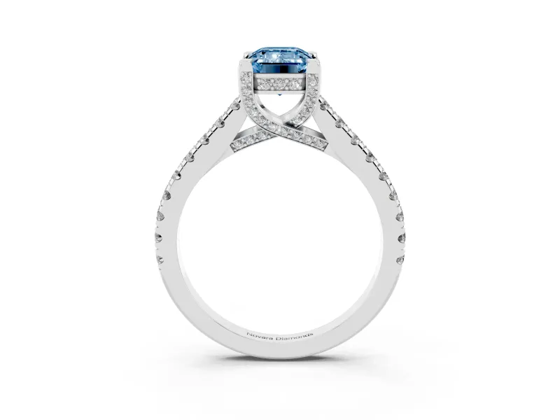 Emerald Cut Hidden Halo Pave Engagement Ring Setting for a Fancy Blue Lab-Grown Diamond | Claw Prongs | Platinum