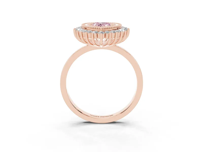 Fancy Pink Pear Cut Diamond Halo Ring Set in Rose gold with Milgrain Edge and Round Prong Setting