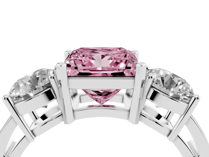 Princess Cut Three Stone Engagement Ring Setting for a Fancy Pink Lab-Grown Diamond | Wide Plain Band | Platinum