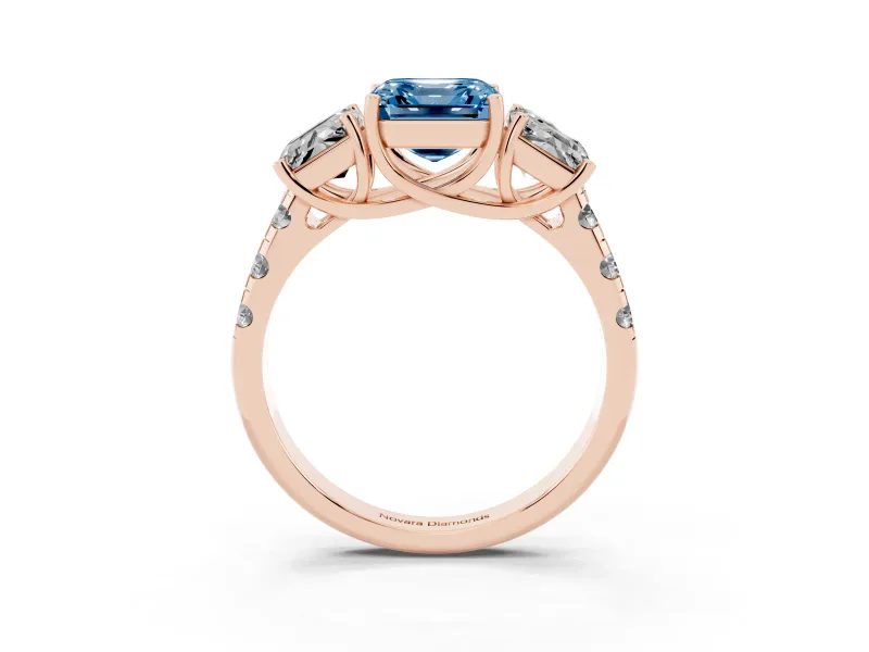 Asscher Cut Three Stone Engagement Ring Setting for a Fancy Blue Lab-Grown Diamond | Accented Shoulders | Rose Gold