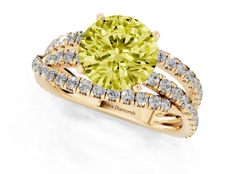 Fancy Yellow Round Cut Diamond Solitaire Twist Band Ring Set in Yellow gold with Pavé Setting and Prong Head