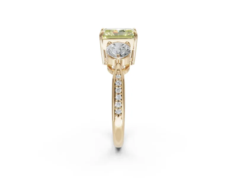 Radiant Cut Three Stone Engagement Ring Setting for a Fancy Yellow Lab-Grown Diamond | Tapered Pave Band | Yellow Gold