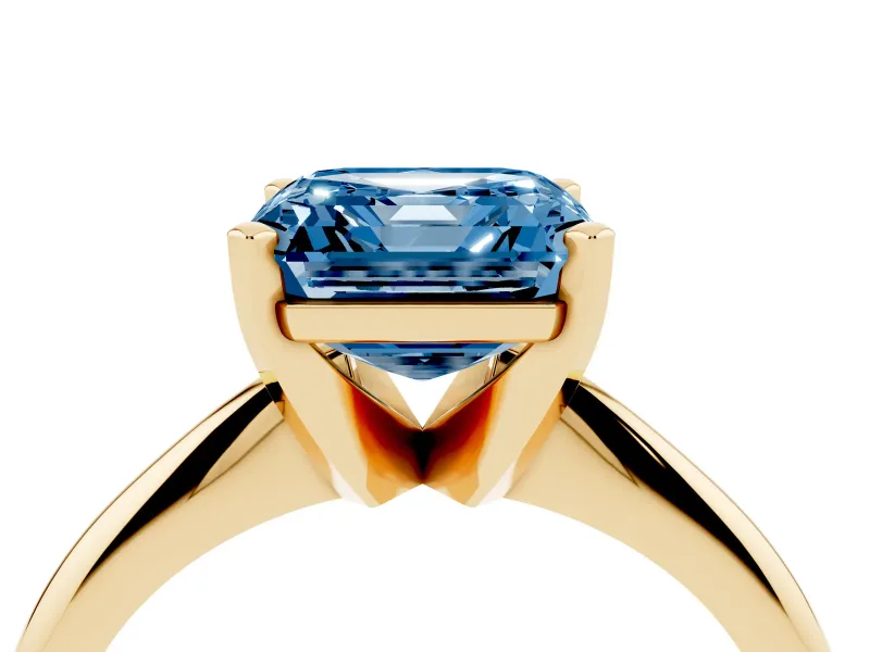 Fancy Blue Asscher Cut Diamond Solitaire Ring Set in Yellow gold with Prong Setting on a Plain Round Band