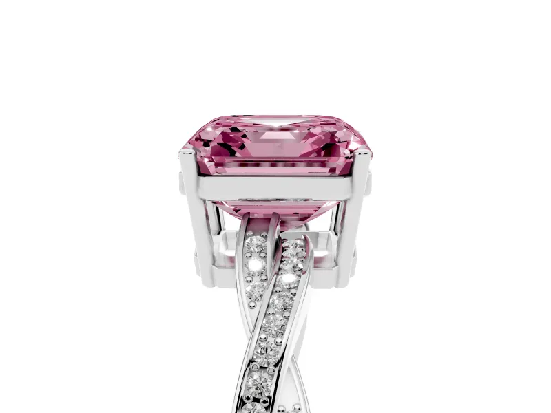 Fancy Pink Asscher Cut Diamond Solitaire Twisted Pavé Ring Set in White gold with Prong Setting
