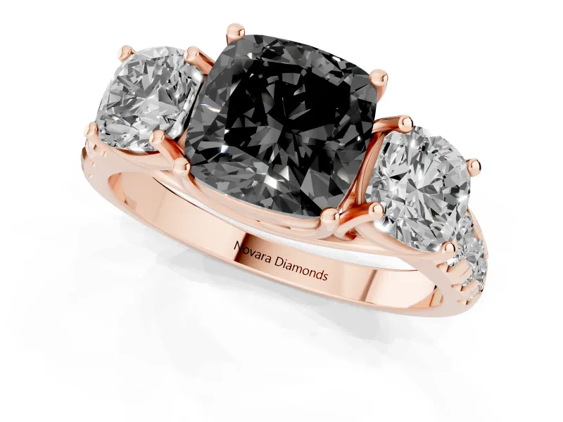 Cushion Cut Three Stone Engagement Ring Setting for a Black Center | Accented Shoulders | Rose Gold