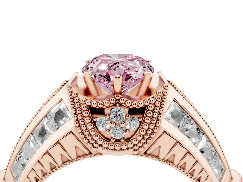 Fancy Pink Pear Cut Diamond Vintage-Inspired Milgrain Ring Set in Rose gold with Accent Split Shank