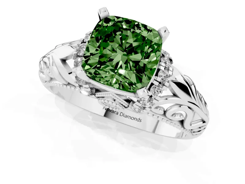 Fancy Green Cushion Cut Diamond Filigree Halo Engagement Ring Set in Platinum with Prong Setting