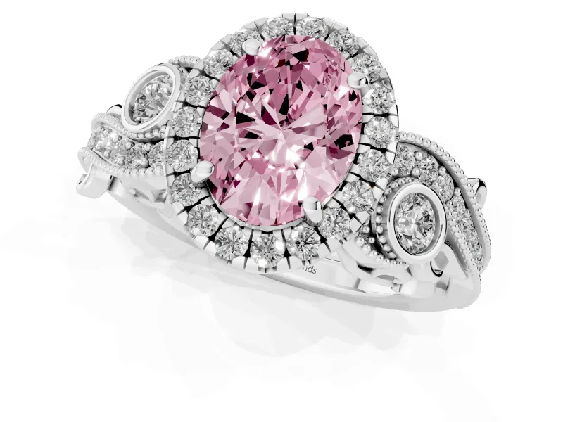 Fancy Pink Oval Cut Diamond Halo Ring Set in Silver with Milgrain Pavé Band and Prong Setting
