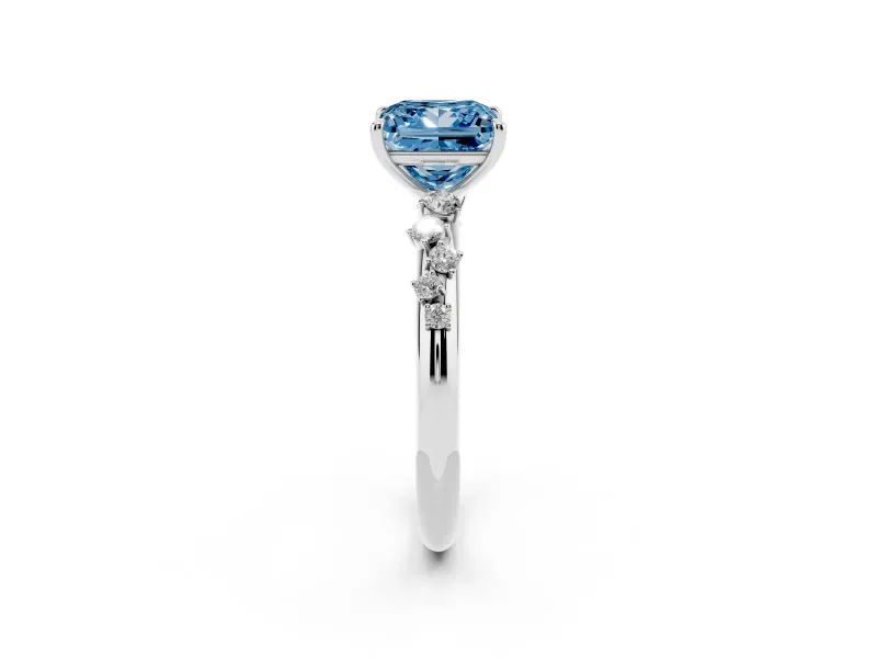 Fancy Blue Princess Cut Diamond Cluster Solitaire Ring Set in Platinum with Prong Setting
