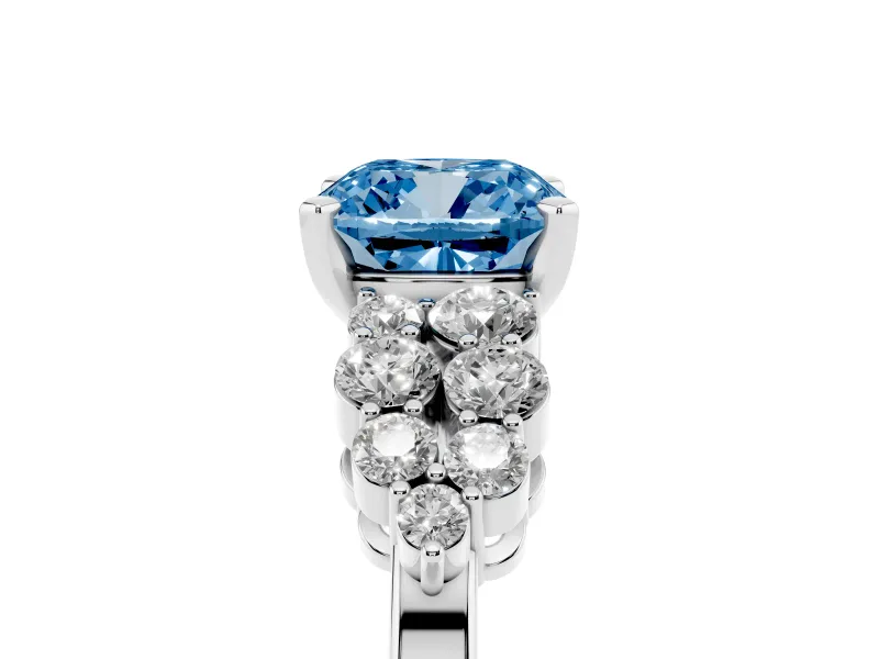 Fancy Blue Cushion Cut Diamond Cluster Engagement Ring Set in Silver with Pavé Band and Prong Setting