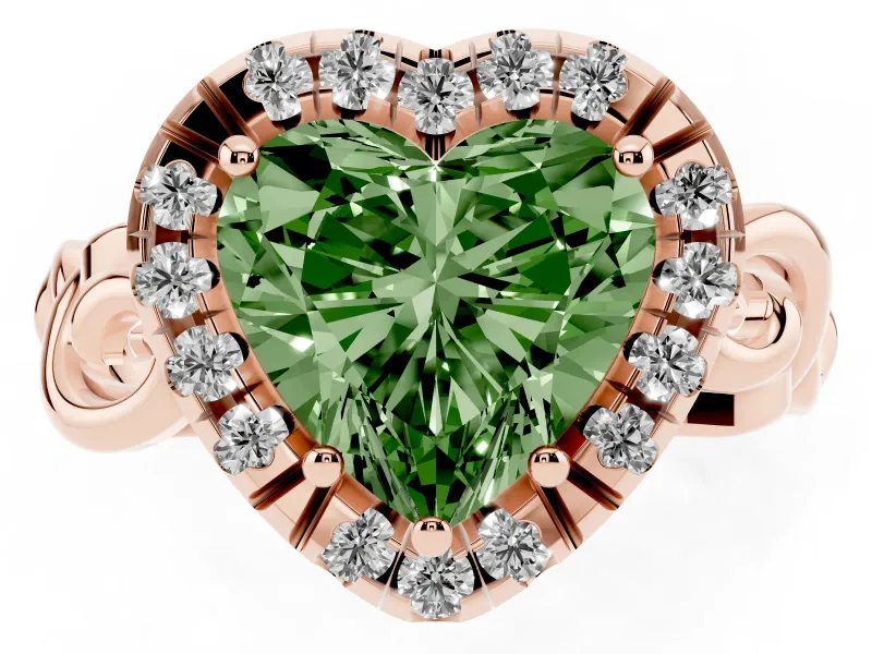 Fancy Green Heart Cut Diamond Halo Ring Set in Rose gold with Scrollwork Band and Prong Setting