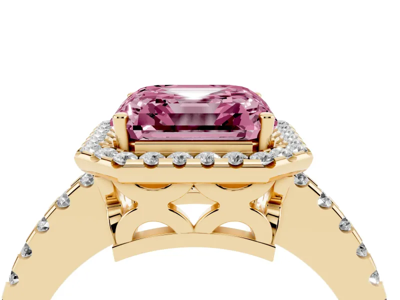 Asscher Cut Pave Halo Engagement Ring Setting for a Fancy Pink Lab-Grown Diamond | Yellow Gold