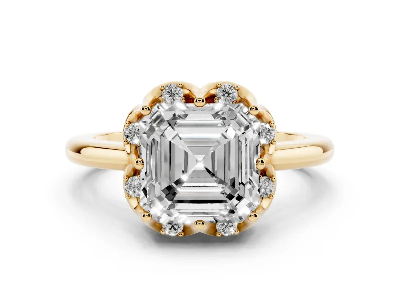 Asscher Cut Diamond Round Cluster Halo Ring Set in Yellow gold with Solitaire Band and Prong Setting