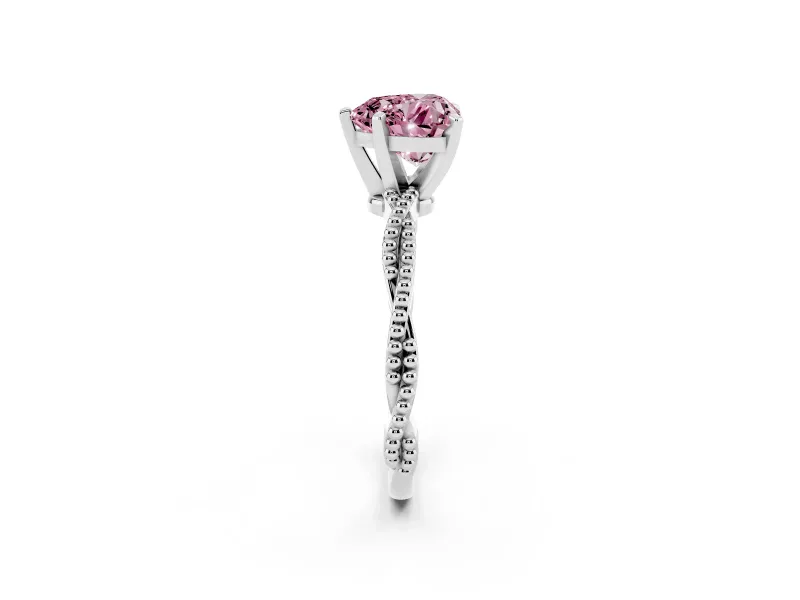 Fancy Pink Heart Cut Diamond Solitaire Ring Set in Silver with Twisted Band and Bead Prong Setting