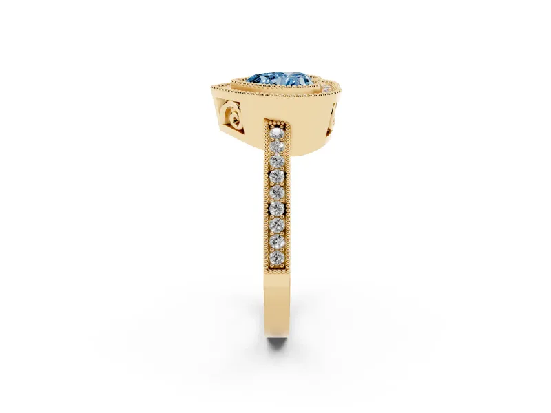 Fancy Blue Heart Cut Diamond Round Halo Ring Set in Yellow gold with Pavé Band