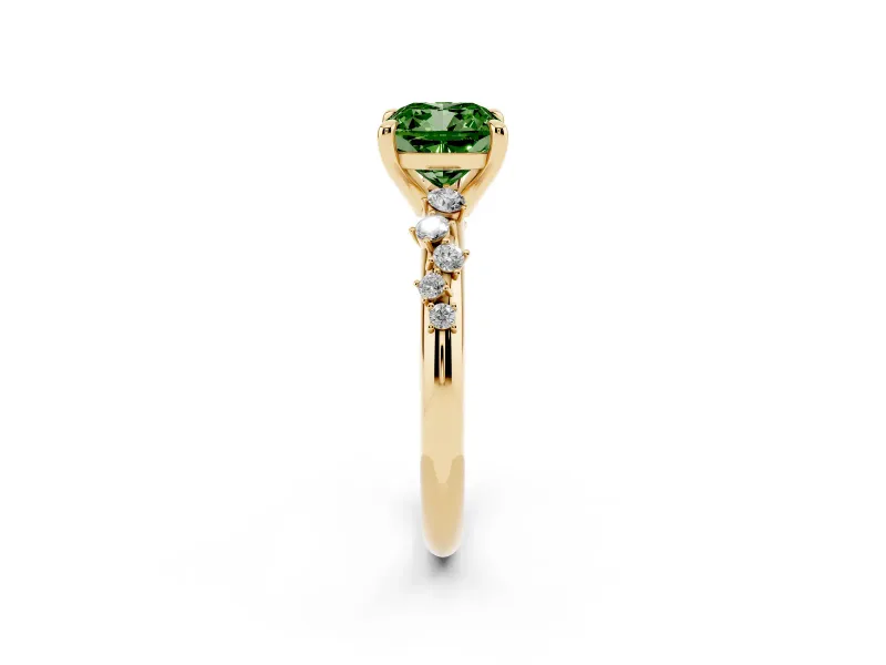 Cushion Cut Graduated Engagement Ring Setting for a Fancy Green Lab-Grown Diamond | Yellow Gold