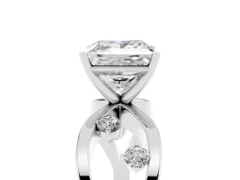 Princess Cut Diamond Solitaire Ring Set in Platinum with Side Stones on Criss-Cross Band and Prong Setting