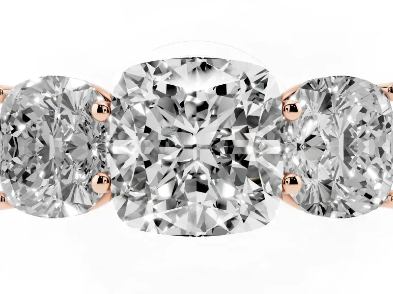 Cushion Cut Three Stone Engagement Ring Setting | Basket Prong Heads | Rose Gold