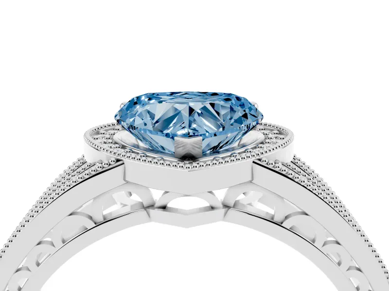 Fancy Blue Heart Cut Diamond Halo Ring Set in White gold with Accent Split Shank and Prong Setting