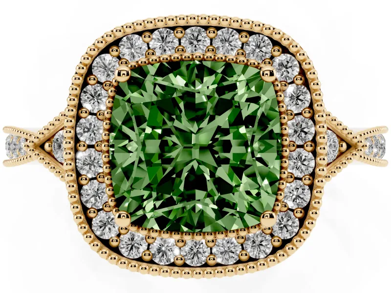 Cushion Cut Milgrain Halo Engagement Ring Setting for a Fancy Green Lab-Grown Diamond | Graduated Pavé | Yellow Gold