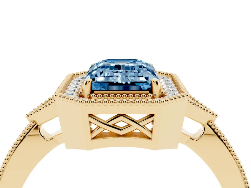 Fancy Blue Emerald Cut Diamond Halo Engagement Ring Set in Yellow gold with Milgrain Pavé Band