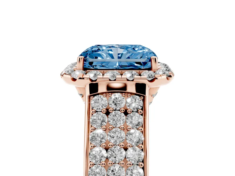 Radiant Cut Pavé Engagement Ring Setting for a Fancy Blue Lab-Grown Diamond | Wide Three-Row Band | Rose Gold