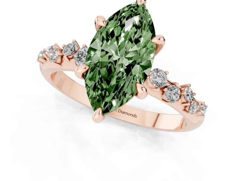 Fancy Green Marquise Cut Diamond Solitaire Vine Band Ring Set in Rose gold with Round Accents and Prong Setting