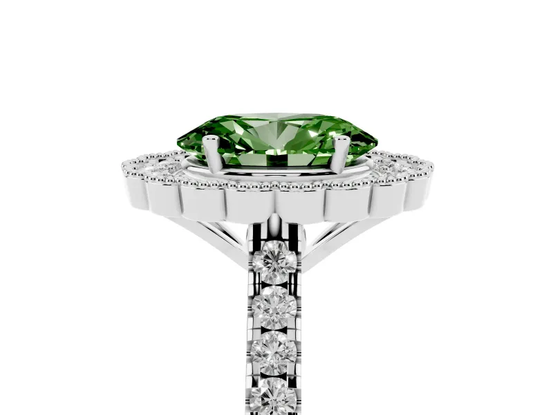 Fancy Green Oval Cut Diamond Milgrain Floral Halo Engagement Ring Set in Platinum with Pavé Band