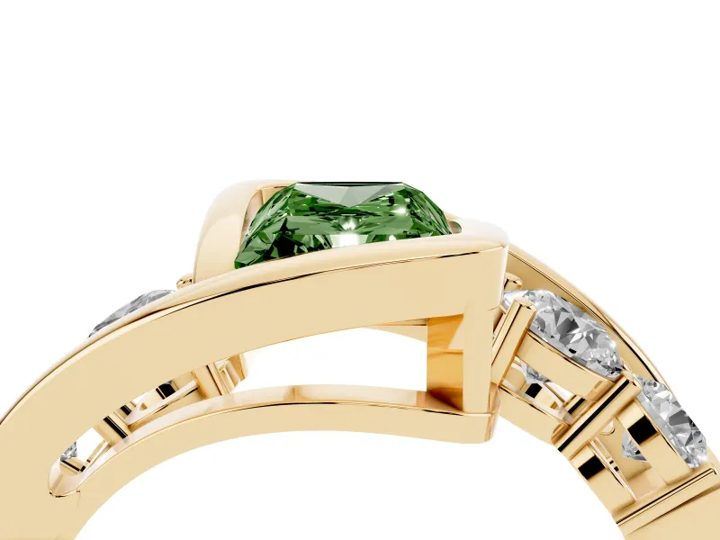 Fancy Green Radiant Cut Diamond Bezel Bypass Ring Set in Yellow gold with Round Accents