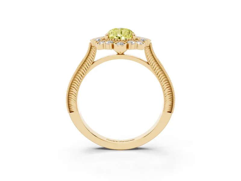 Pear-Shaped Scalloped Halo Engagement Ring Setting for a Fancy Yellow Lab-Grown Diamond | Milgrain Edges | Yellow Gold
