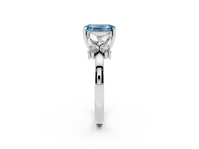 Fancy Blue Emerald Cut Diamond Floral Cluster Ring Set in White gold with Marquise Petals and Prong Setting