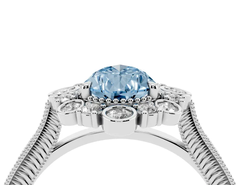 Fancy Blue Pear Cut Diamond Halo Milgrain Pavé Ring Set in Platinum with Prong Setting
