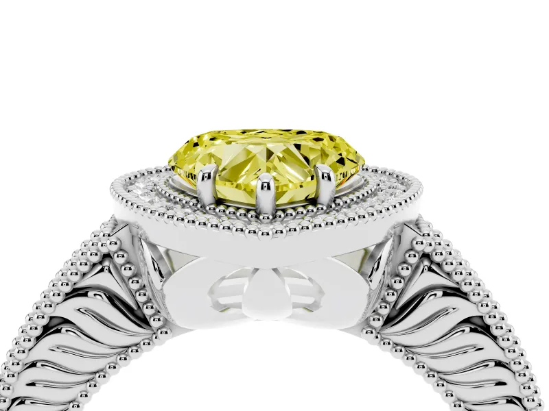 Fancy Yellow Heart Cut Diamond Halo Ring Set in Platinum with Round Accent Halo, Pavé Band and Prong Setting