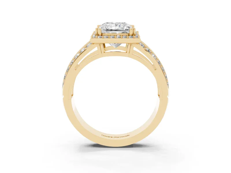 Princess Cut Halo Engagement Ring Setting | Two-Row Pave Split Shank | Yellow Gold
