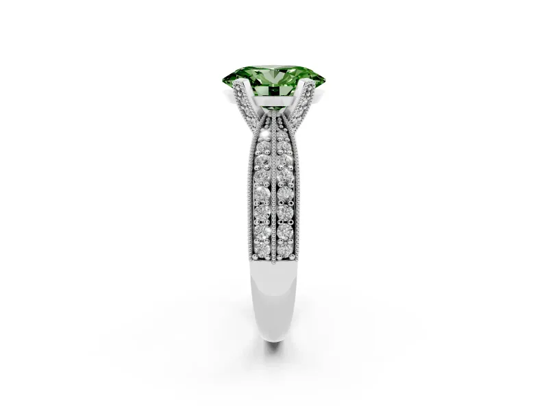 Fancy Green Oval Cut Diamond Solitaire Ring Set in White gold with Milgrain Double Row Round Pavé Band