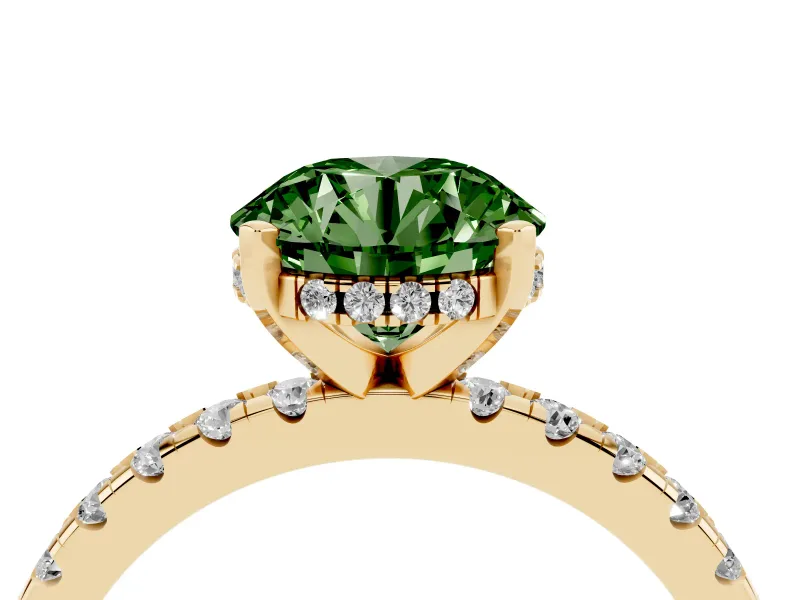 Round Hidden Halo Solitaire Engagement Ring Setting for a Fancy Green Lab-Grown Diamond | Pave Band | Yellow Gold