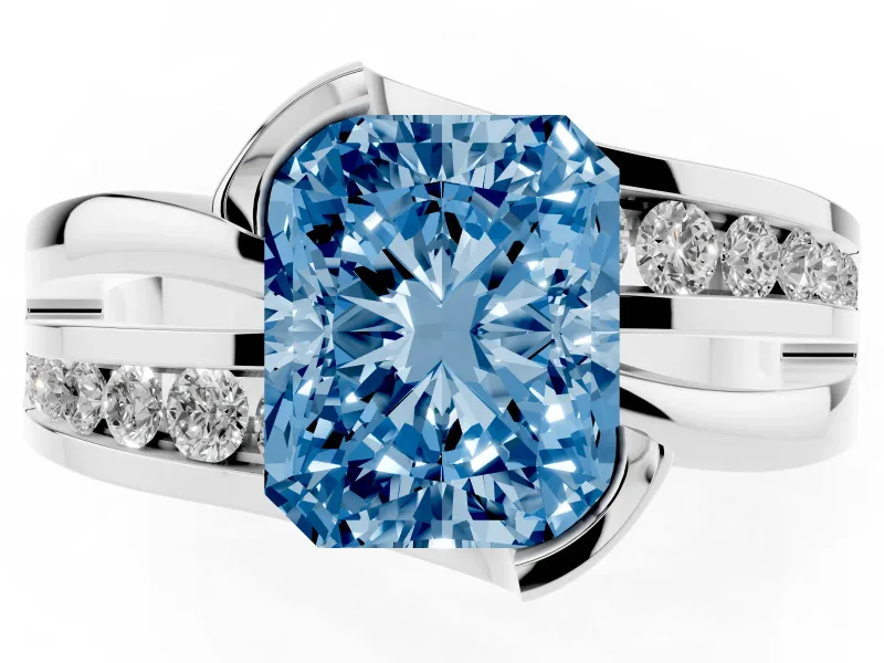 Fancy Blue Radiant Cut Diamond Solitaire Ring Set in Silver with Channel Set Split Shank and Tension Prongs